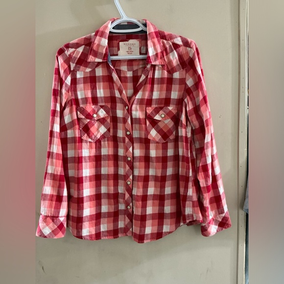 Sonoma Tops - Sonoma Women’s Button-up Blouse Red Pink Plaid Long Sleeve Size L-petite